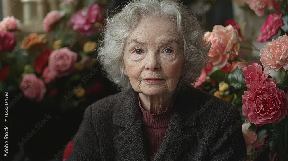 Elderly woman with silver hair sitting gracefully among vibrant roses in a softly lit room during springtime