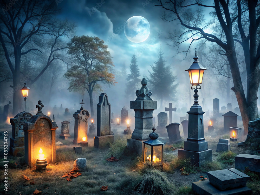 A dark graveyard scene with crumbling tombstones A dark graveyard scene with crumbling tombstones
