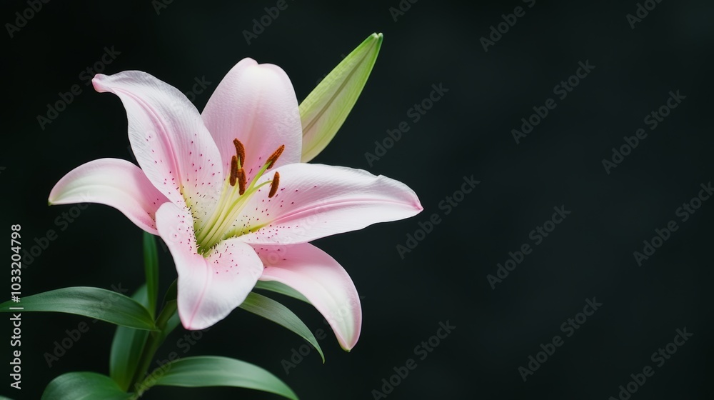 A delicate pink lily blooms against a dark background, showcasing its elegant petals and vibrant green leaves. A delicate pink lily blooms against a dark background, showcasing its elegant petals and vibrant green leaves.