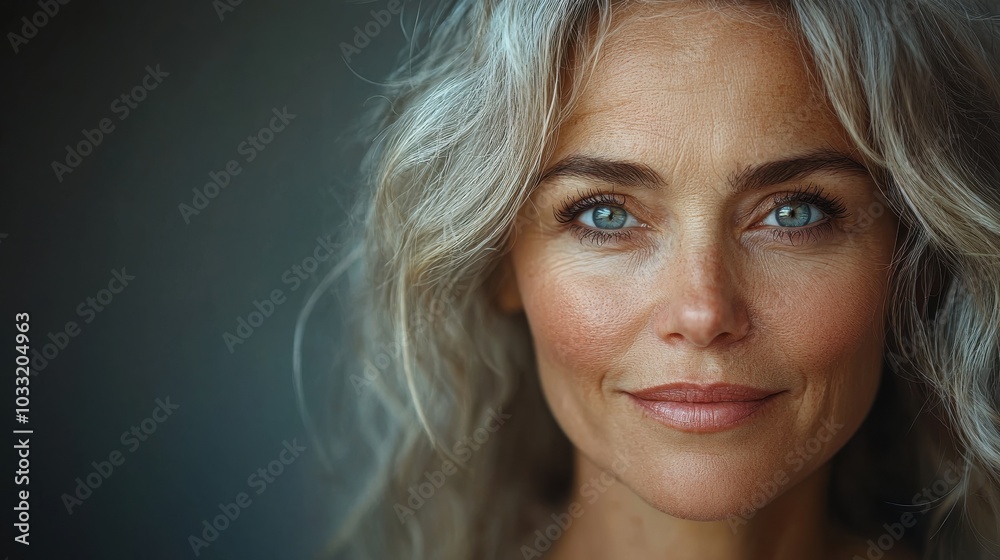 A close-up portrait of a woman with gray hair and bright blue eyes, showcasing natural beauty in soft lighting A close-up portrait of a woman with gray hair and bright blue eyes, showcasing natural beauty in soft lighting