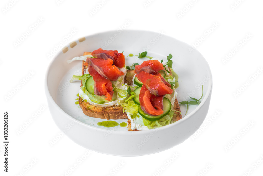 toasts with smoked salmon,crean cheese and vegetables on a white plate close up toasts with smoked salmon,crean cheese and vegetables on a white plate close up