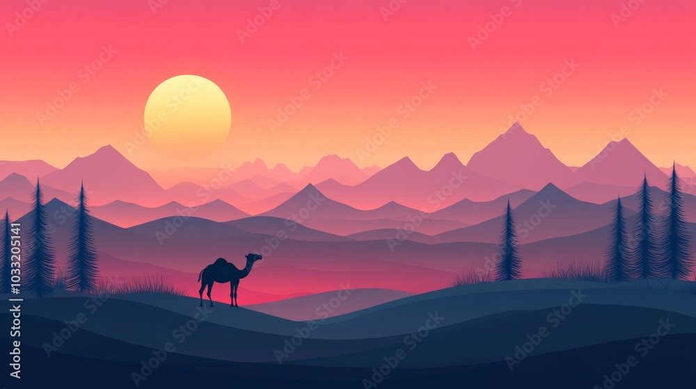 Camel Silhouette Against Pink Sunset Mountain Range Camel Silhouette Against Pink Sunset Mountain Range