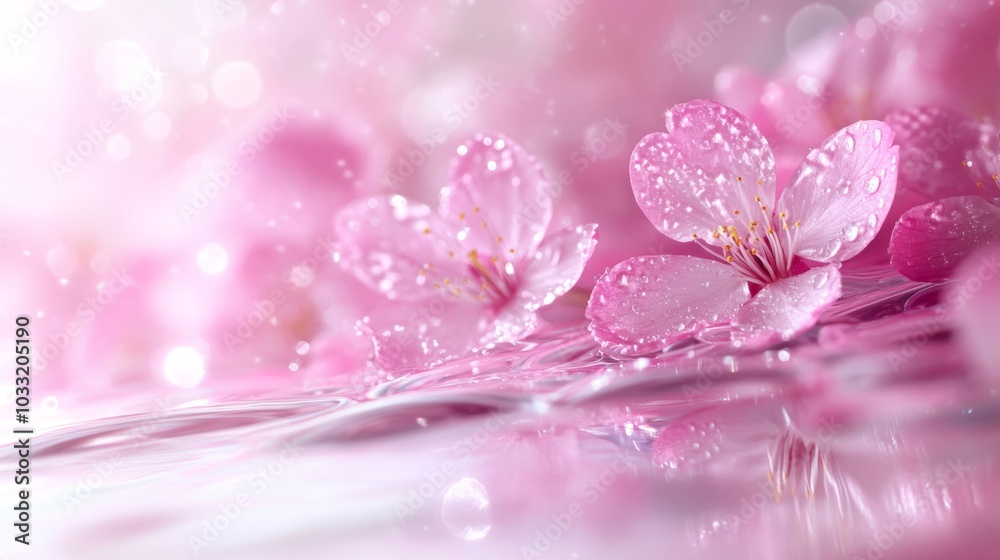 Delicate Pink Cherry Blossom Flowers with Water Droplets on a Reflective Surface Delicate Pink Cherry Blossom Flowers with Water Droplets on a Reflective Surface