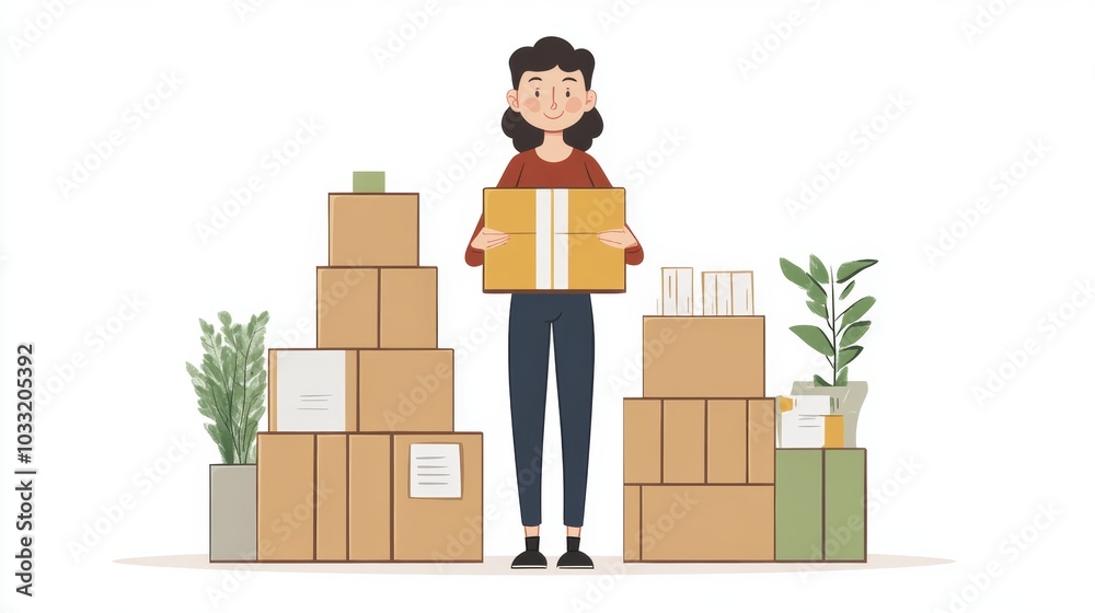 Woman Holding Cardboard Box Amidst Stacked Boxes and Plants Moving Day Illustration Woman Holding Cardboard Box Amidst Stacked Boxes and Plants Moving Day Illustration