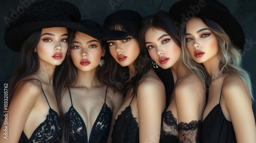 Beautiful Women in Black Hats and Dresses Fashion Portrait