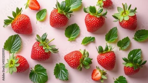 Fresh Red Strawberries with Green Leaves on Pink Background Healthy Food Summer Fruit