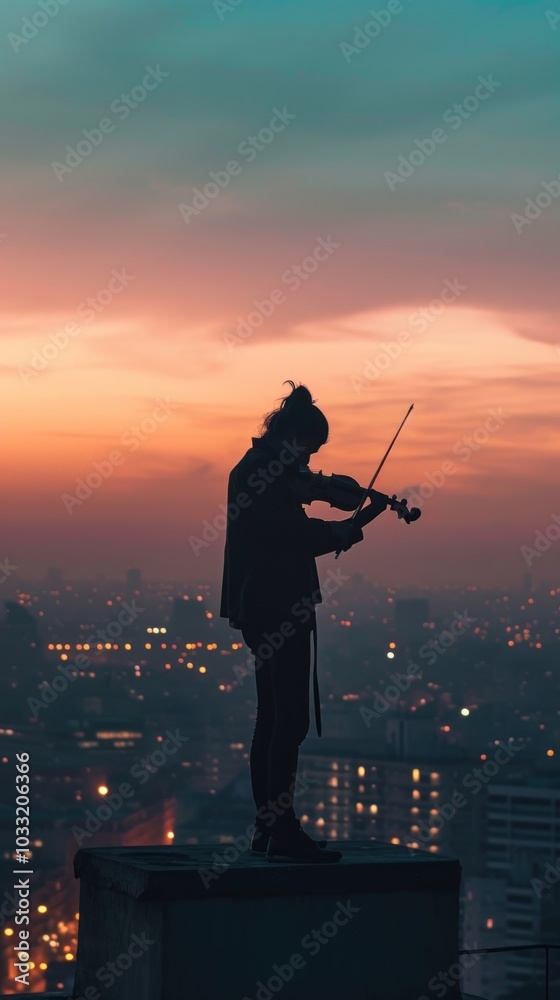 Fototapeta premium Musician playing violin at the rooftop architecture cityscape building.