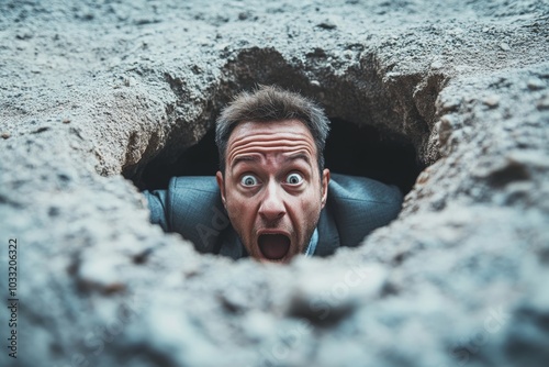 Failure or mistake causing catastrophe despair, problem or risk from crisis or recession, danger or business accident, trouble, loss or pitfall concept, terrified businessman fall down into the, Gener