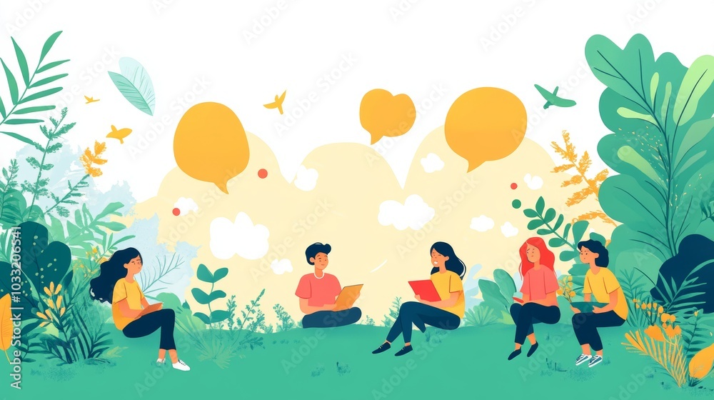 Happy Friends Talking and Relaxing in Nature Summer Illustration Happy Friends Talking and Relaxing in Nature Summer Illustration