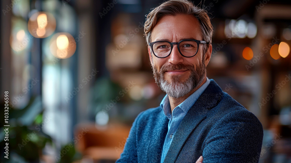 A smiling man in a stylish setting, exuding confidence and approachability. A smiling man in a stylish setting, exuding confidence and approachability.
