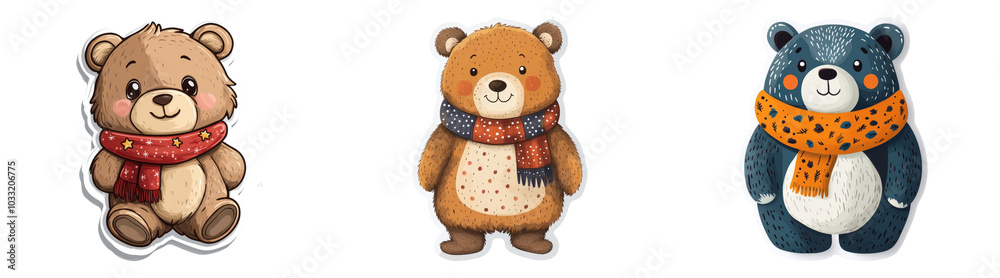 Cute 3D Teddy Bears in Scarves Isolated on Transparent PNG Background Perfect for Children's Books or Holiday Illustrations Cute 3D Teddy Bears in Scarves Isolated on Transparent PNG Background Perfect for Children's Books or Holiday Illustrations