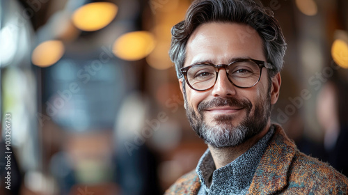 A smiling man with glasses in a cozy caf? setting, exuding warmth and approachability.