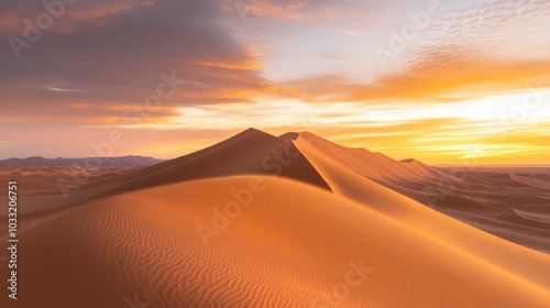 Golden sand dunes at sunrise, tranquil desert landscape