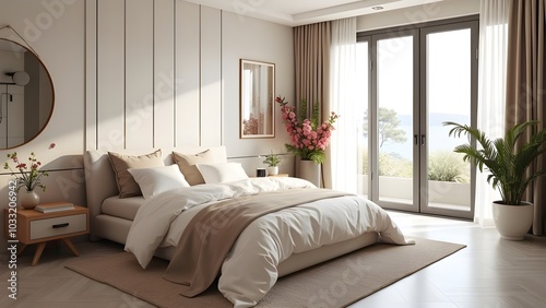 modern bedroom, bright interior, geometry, beautiful light, bed front view, whole bed, floral arrangements