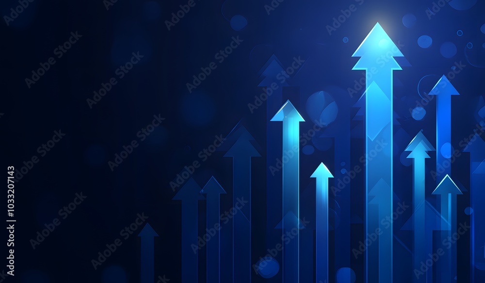 Abstract blue background with glowing arrows pointing upwards, representing growth and success in business or financial security. Abstract blue background with glowing arrows pointing upwards, representing growth and success in business or financial security.