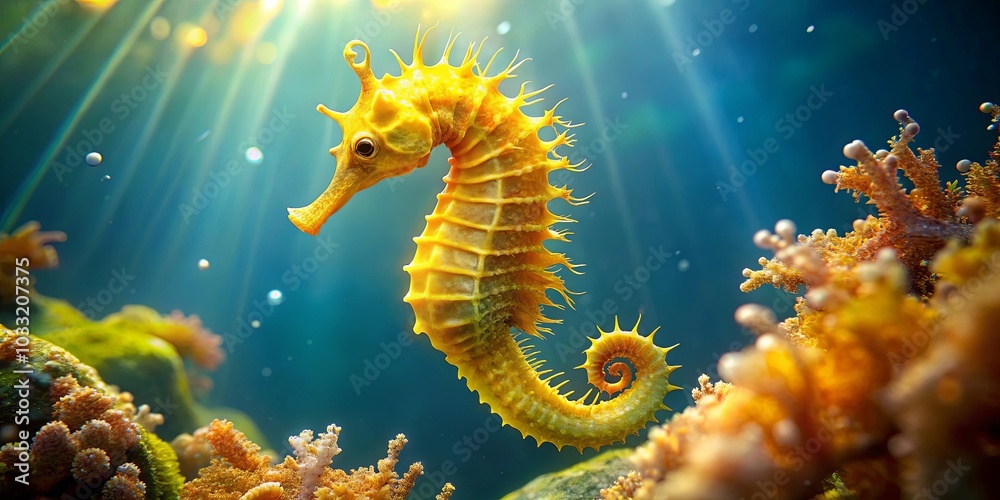 Sunlight Dappling Through the Water Illuminates a Golden Seahorse as It Swims Past Vibrant Coral Formations Sunlight Dappling Through the Water Illuminates a Golden Seahorse as It Swims Past Vibrant Coral Formations