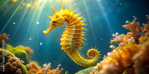 Sunlight Dappling Through the Water Illuminates a Golden Seahorse as It Swims Past Vibrant Coral Formations