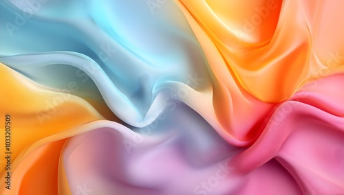 Abstract, colorful silk cloth in motion on a pastel background. Abstract 3D rendering of draped fabric. Photorealistic 3D render.