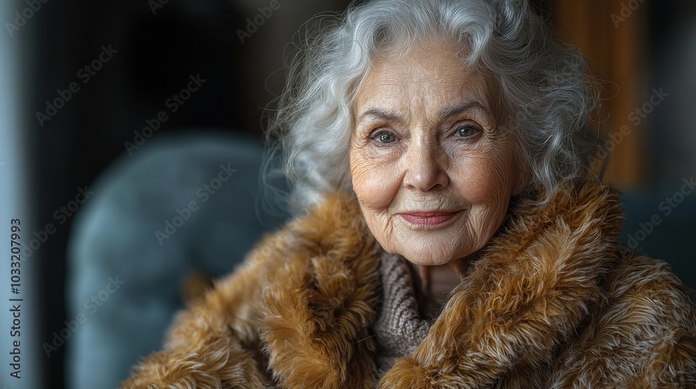 Elderly woman with curly hair wearing a warm fur coat smiles softly while seated indoors in natural light on a cozy afternoon Elderly woman with curly hair wearing a warm fur coat smiles softly while seated indoors in natural light on a cozy afternoon
