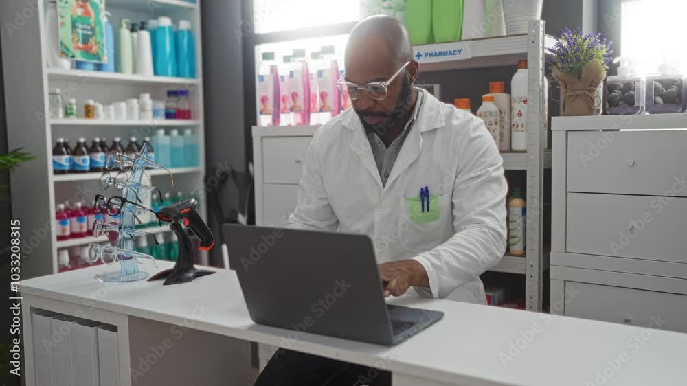 Pharmacist working on laptop in pharmacy, checking products on shelves in modern drugstore Pharmacist working on laptop in pharmacy, checking products on shelves in modern drugstore