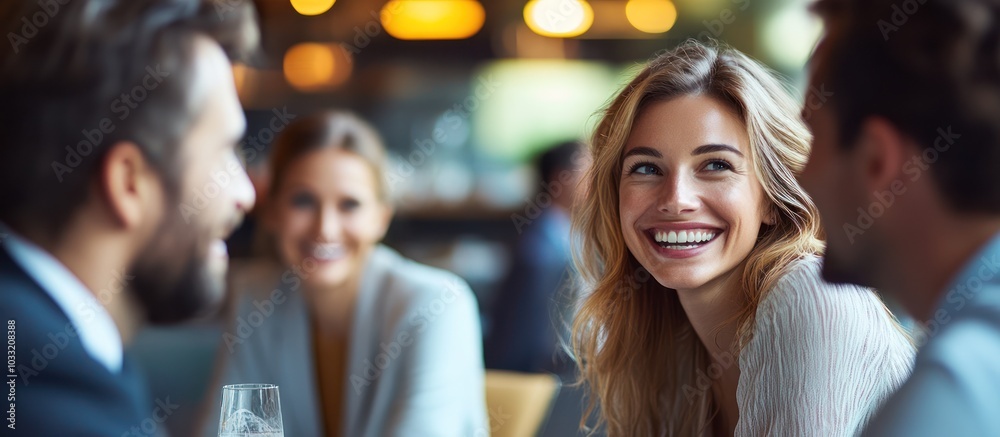 Obraz premium A smiling woman listens intently as she enjoys a conversation with two friends at a cafe.