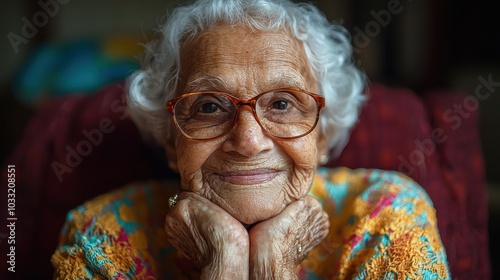 An elderly woman with curly silver hair smiles warmly while resting her chin on her hands in a cozy indoor setting