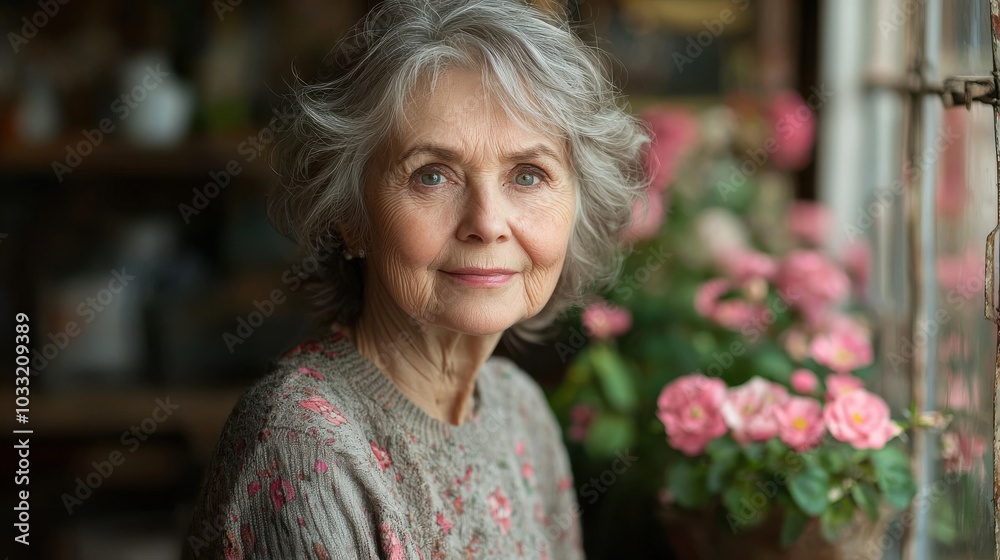 An elderly woman sits in a cozy room surrounded by blooming flowers during daylight An elderly woman sits in a cozy room surrounded by blooming flowers during daylight
