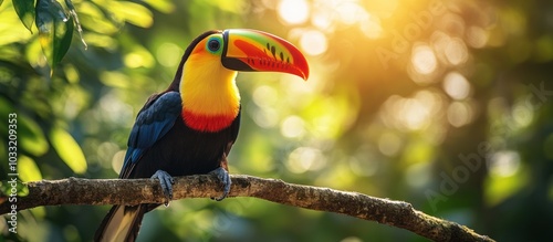 A toucan with a large yellow, orange, and red bill sits on a branch in a green, tropical forest with the sun shining through the leaves. photo