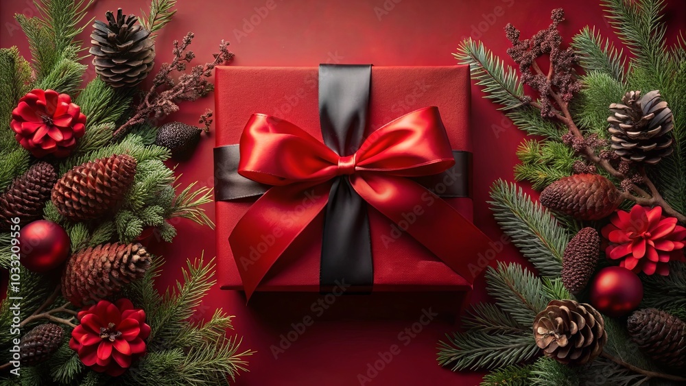 A Festive Red Gift Box Adorned with a Black and Red Ribbon, Surrounded by Evergreen Branches and Pinecones, Creates a Visual Symphony of Christmas Cheer A Festive Red Gift Box Adorned with a Black and Red Ribbon, Surrounded by Evergreen Branches and Pinecones, Creates a Visual Symphony of Christmas Cheer