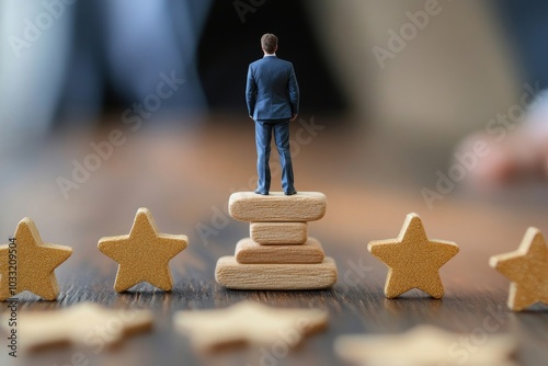 Performance review, annual employee evaluation, appraisal or rating feedback, success five stars employee, excellent feedback opinion concept, businessman balance himself on stars rating, Generative A photo