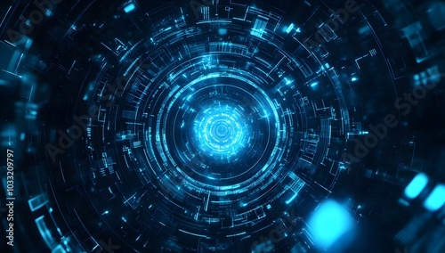 Abstract futuristic background with blue glowing circular elements and holographic technological patterns, creating an immersive digital environment for design projects