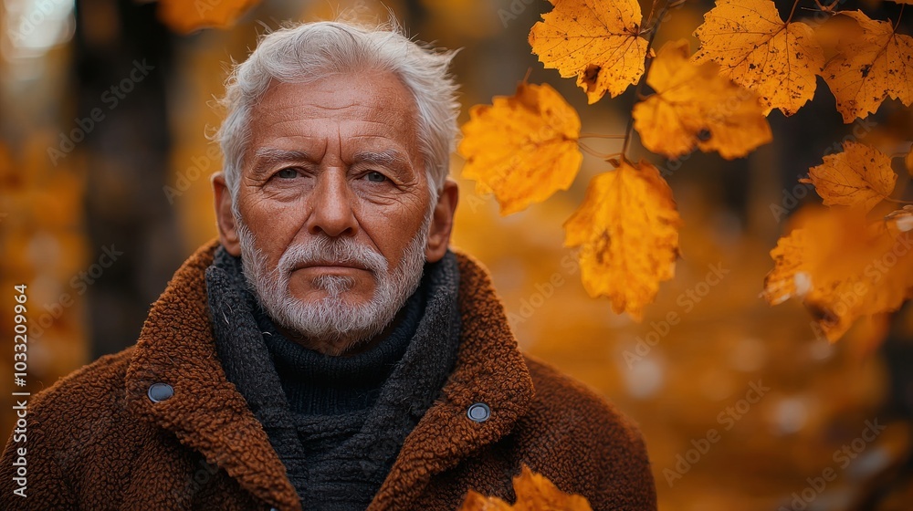 Older man with gray beard smiling among vibrant autumn leaves in a tranquil forest setting during golden hour Older man with gray beard smiling among vibrant autumn leaves in a tranquil forest setting during golden hour