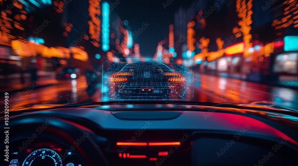 Close-up of a car's rearview camera with a holographic parking guide overlay, futuristic neon colors, high-tech details, 3D rendering Close-up of a car's rearview camera with a holographic parking guide overlay, futuristic neon colors, high-tech details, 3D rendering