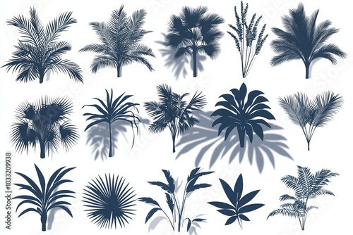 Collection of tropical palm leaves and plant shadows on white background, natural abstract arrangement.
