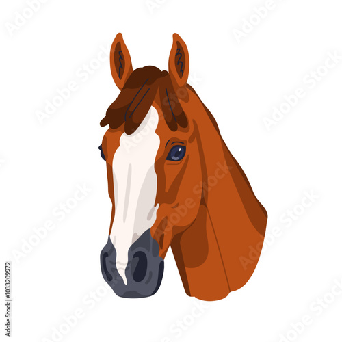 Welsh Cob breed, horse head portrait. Beautiful thoroughbred stallion with bicolor coat. Graceful purebred equine animal avatar. Flat graphic vector illustration isolated on white background