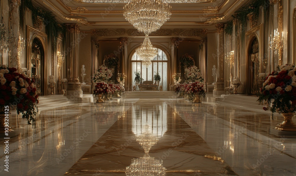 Fototapeta premium Grand, opulent, golden ballroom with floral arrangements.