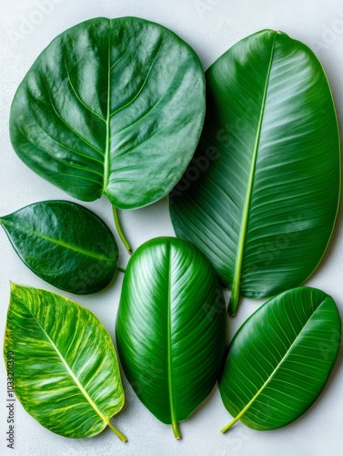 Close-up of tropical green leaves collection photo