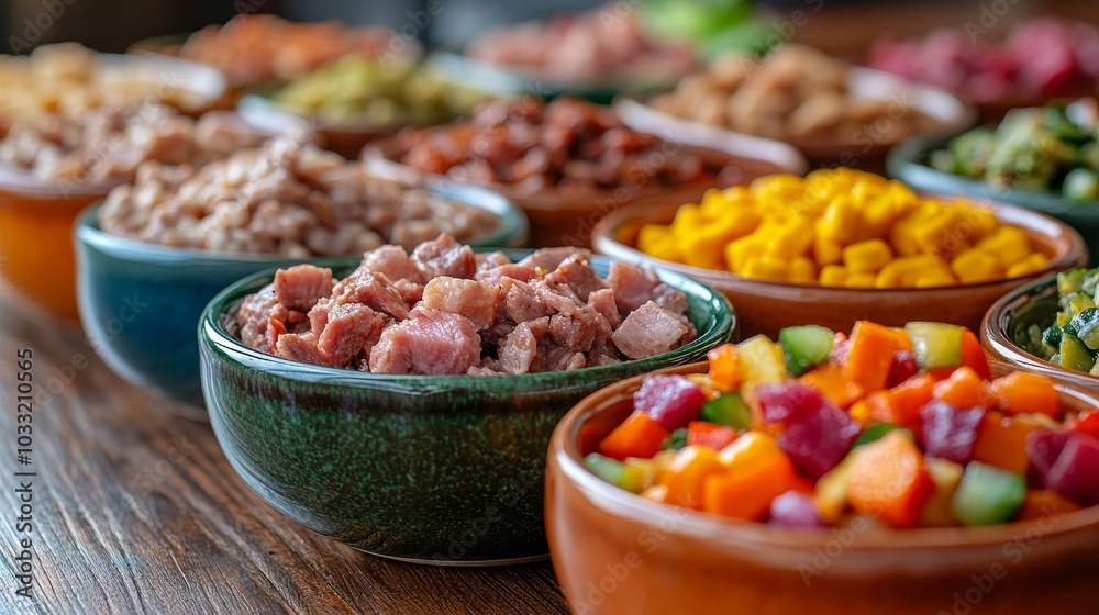 Close-up of colorful ceramic bowls filled with gourmet dog food, featuring a variety of textures, meat chunks, and vegetables, arranged neatly on a wooden table Close-up of colorful ceramic bowls filled with gourmet dog food, featuring a variety of textures, meat chunks, and vegetables, arranged neatly on a wooden table