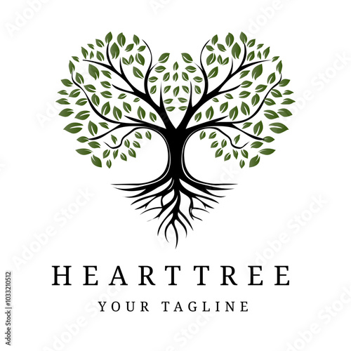Love Tree Design. Heart shaped tree with Growing Roots and Natural Life Logo Illustration