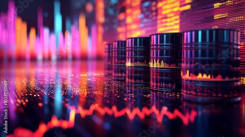 Close-up of oil barrels with a digital stock chart overlay, fluctuating prices reflecting volatile global oil market monitoring photo