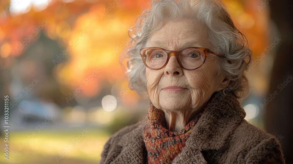 Elderly woman with glasses poses outdoors surrounded by colorful autumn leaves in a park on a sunny day