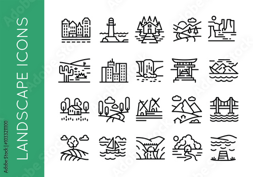 Landscape icons. Set of 20 outdoor and nature-themed minimal icons. Hiking Trail, Mountain icon. Design signs for web page, mobile app, travel brochures, nature-related products. Vector illustration