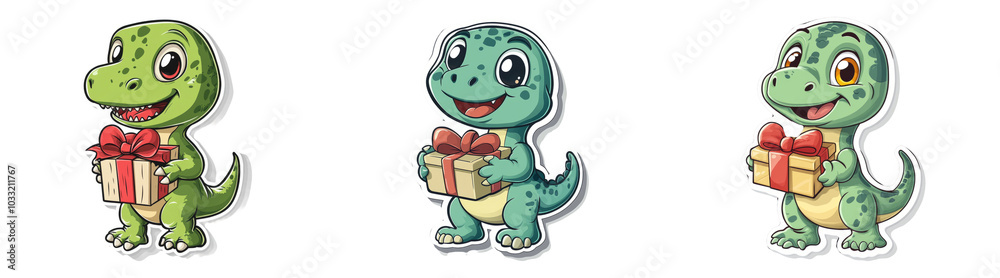 Fototapeta premium Cute Cartoon Dinosaur Characters with Gifts Isolated on Transparent PNG Ideal for Children's Illustrations or Toy Designs