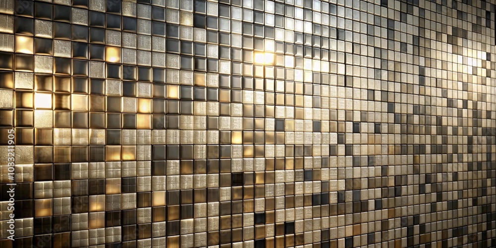 Fototapeta premium A wall adorned with an intricate pattern of squared tiles, each reflecting shimmering light, creating a captivating interplay of textures and tones.