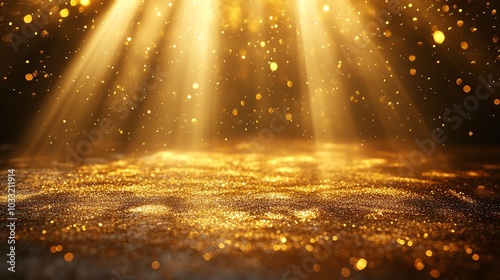 Abstract golden light beams shining on shimmering surface, black background.