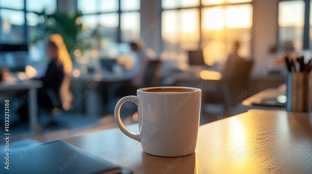 Coffee cup on desk with warm light in modern office environment. Coffee cup on desk with warm light in modern office environment.