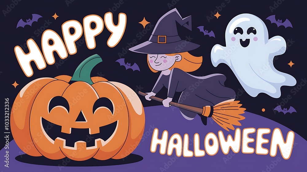 Happy Halloween Illustration Featuring a Witch, a Ghost, and a Jack-o'-Lantern Happy Halloween Illustration Featuring a Witch, a Ghost, and a Jack-o'-Lantern