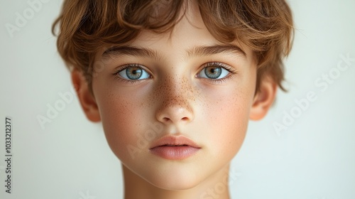 Realistic face of a 11-year-old boy showing interest, with a curious expression and engaged eyes, set against a clean, minimal background. Showcases curiosity. High resolution Illustration, in the