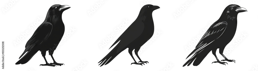 Fototapeta premium Cartoon Raven Silhouettes Isolated on Transparent PNG Ideal for Halloween Illustrations or Spooky-Themed Designs