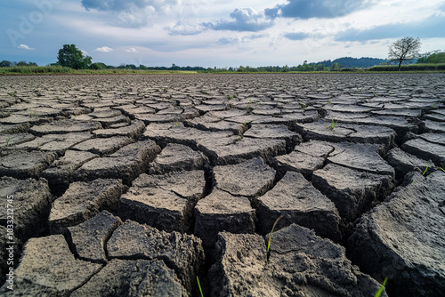 Cracked, dried lakebed in a region affected by climate change photo